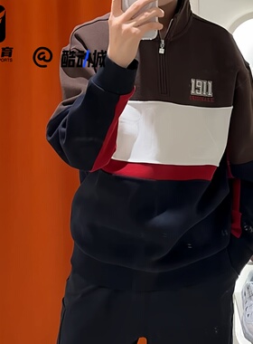 FILA斐乐深土色男子经典复古半拉链立领套头卫衣F11M619211FBN