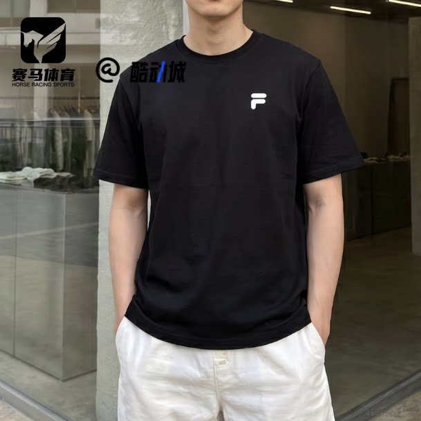斐乐QR黑色字母印花圆领短袖T恤