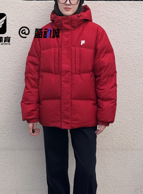 FILA斐乐 FOB砖墙红男女宽松保暖连帽长袖羽绒服T11U543913F-RD