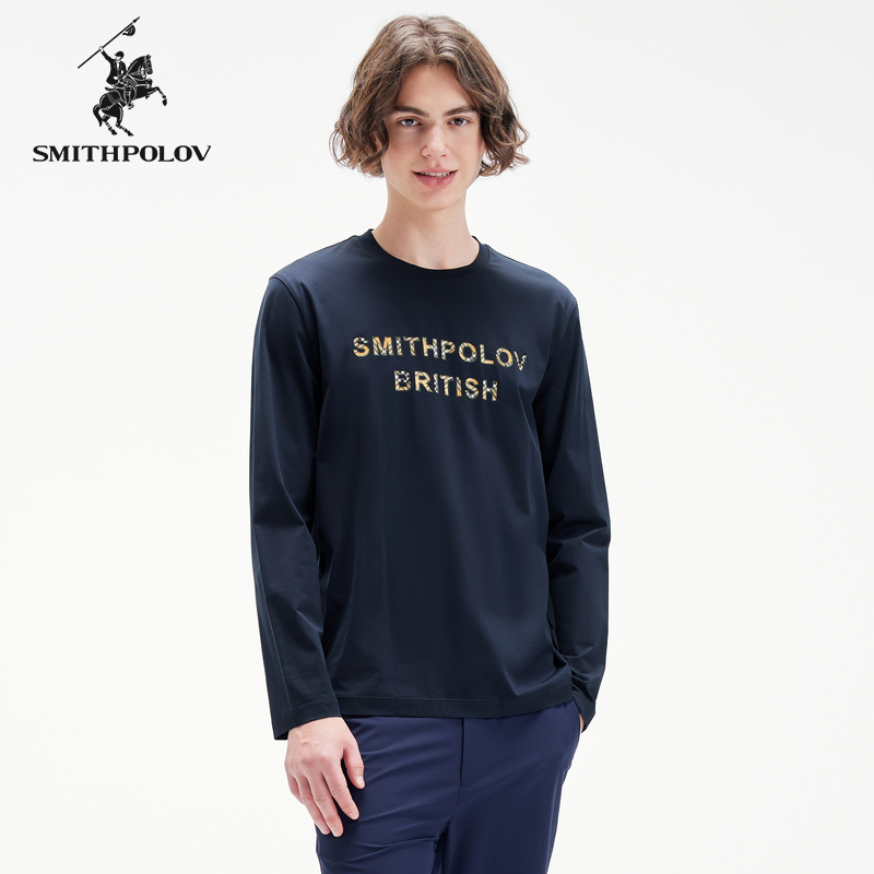 SMITHPOLOV斯密特保罗男装长袖T恤男春新款时尚休闲印花圆领上衣