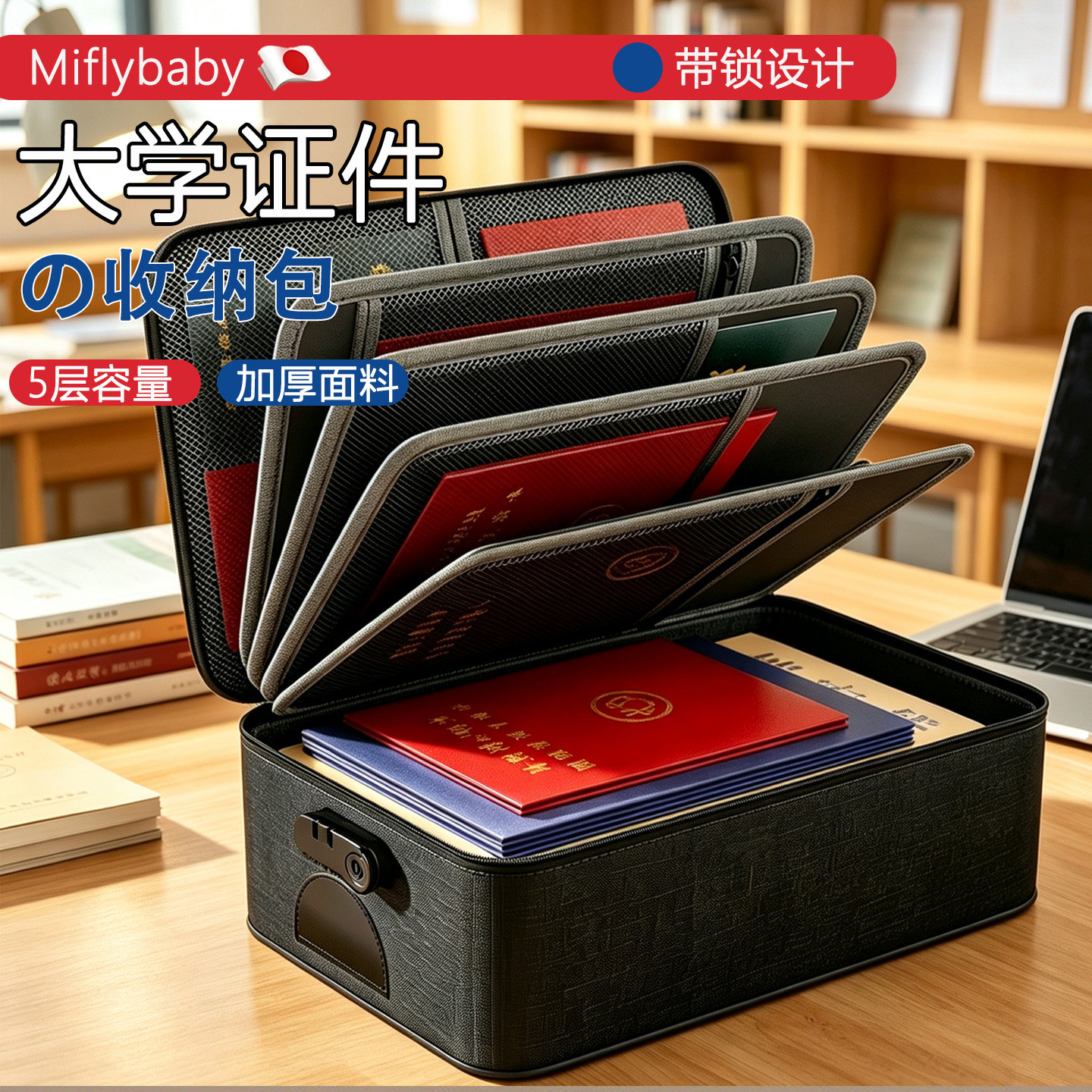 日本Miflybaby证件收纳包大学资料文件卡包证书整理箱袋带密码锁