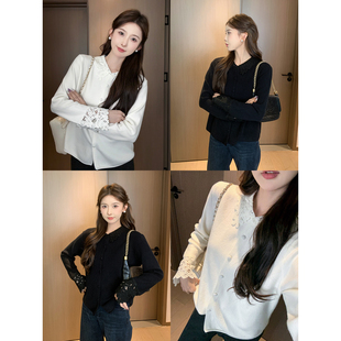 翻领安迪绒蕾丝拼接加绒针织开衫 法式 S725X21839 安朵 SHAOER