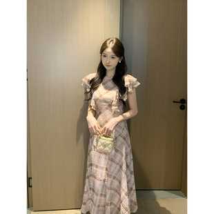 复古格纹印花气质连衣裙女S726Z01067 法式 SHAOER 粉棕序章