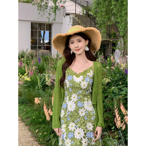 SHAOER【绿底世界】度假风花卉蕾丝刺绣吊带连衣裙S726Q03392