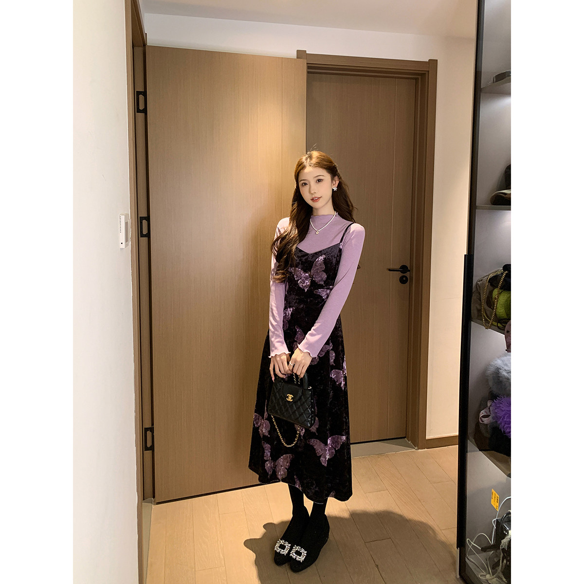 SHAOER【姊姊琉璃莎】冬气质上衣丝绒蝴蝶印花连衣裙S725Q21412