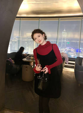 SHAOER【名流都会】秋冬韩版千金风丝绒吊带连衣裙女S725Q21774