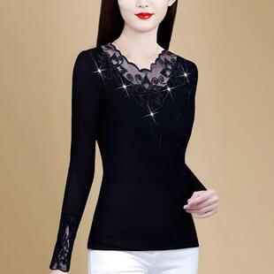 ROUMIKL高端网纱打底衫女春秋义乌超好看单穿刺绣贵夫人洋气T恤长