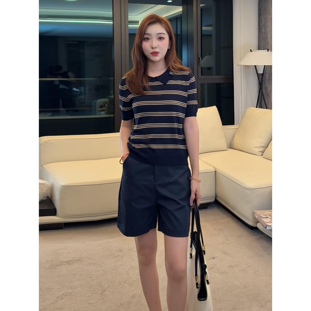 ROUMIKL新款女秋季美式薄款条纹POLO领短袖针织衫高腰短款休闲裤