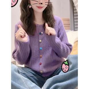 ROUMIKL新款初秋彩扣针织衫开衫外套女春秋宽松毛衣设计感灰色早