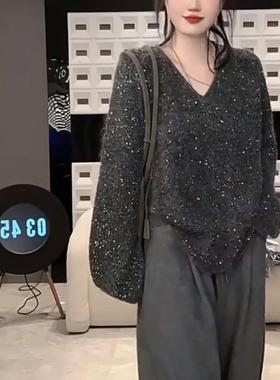 ROUMIKL灰色高级感v领重工细闪亮片毛衣女秋冬洋气时髦百搭宽松针
