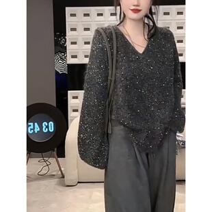 ROUMIKL灰色高级感v领重工细闪亮片毛衣女秋冬洋气时髦百搭宽松针