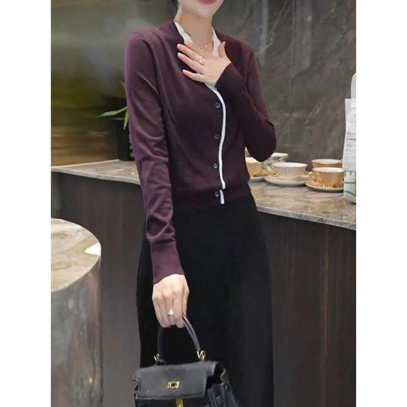 ROUMIKL2025年新款洋气拼色假两件V领针织衫上衣秋季高级感气质修