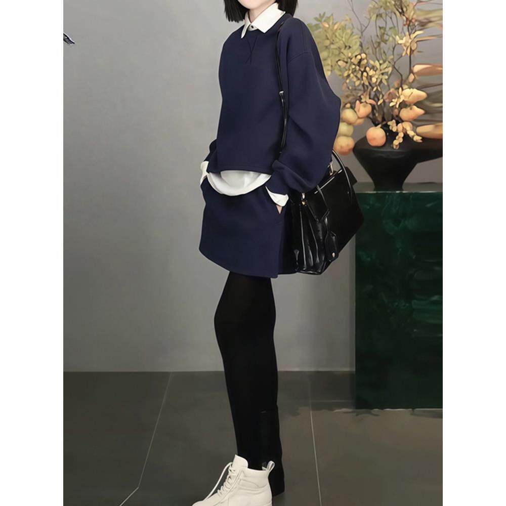 ROUMIKL假两件衬衫拼接卫衣女春秋宽松慵懒风高腰A字半身裙时尚两