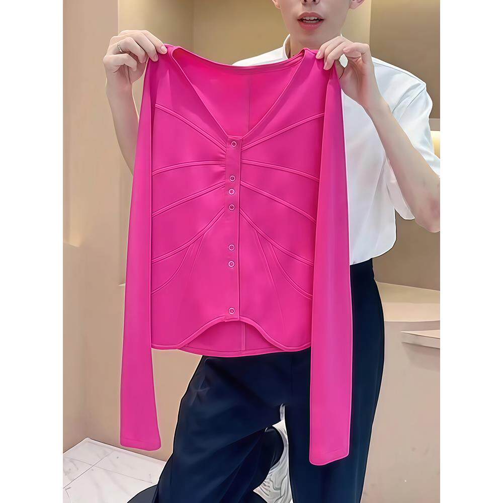 ROUMIKL时尚修身显瘦V领长袖T恤打底衫女士秋季玫红色小个子内搭