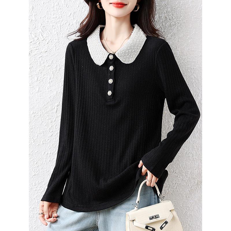 ROUMIKL实拍2025秋季新款高档重工钉珠娃娃领衬衫遮肉显瘦大码T恤