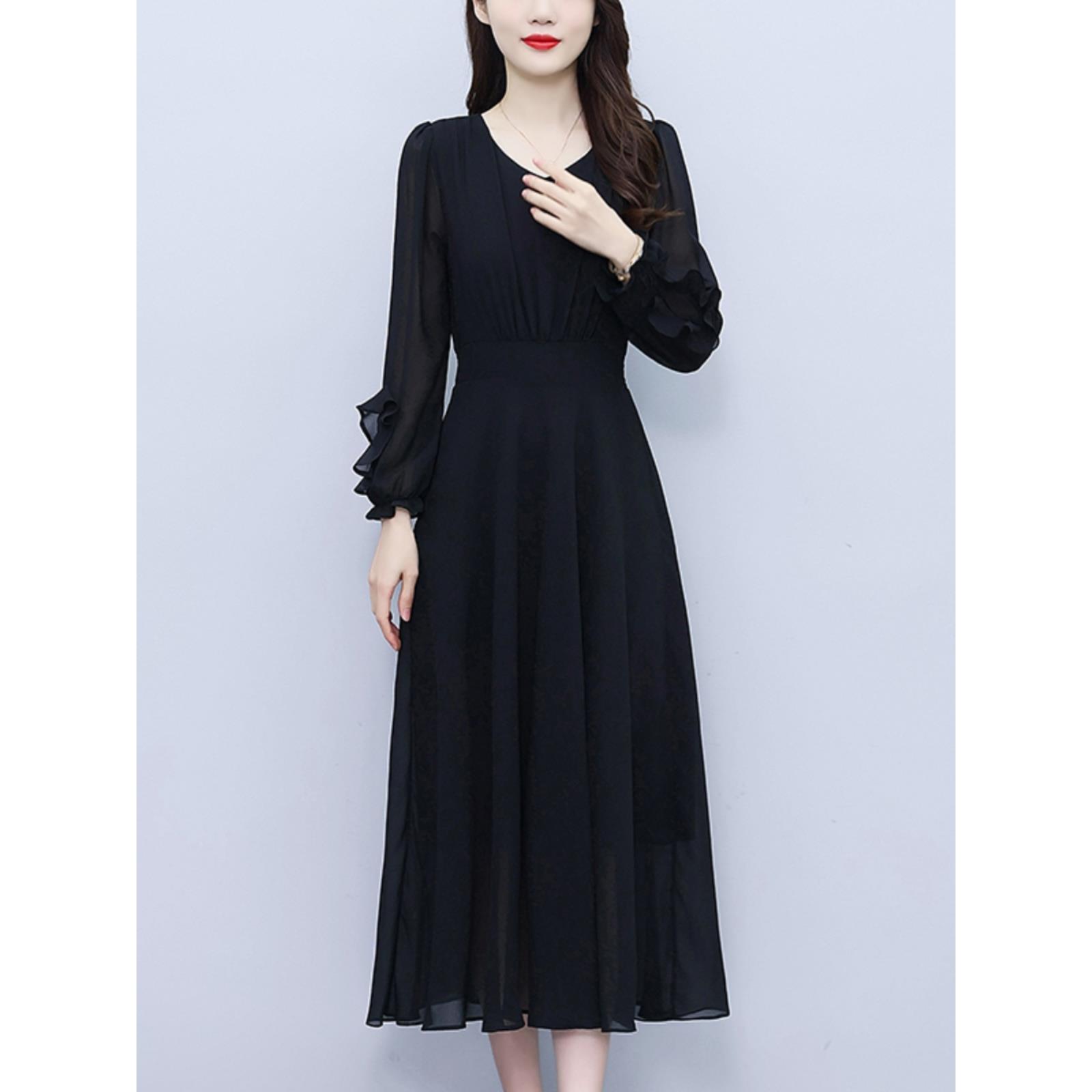 ROUMIKL黑色广州长袖雪纺连衣裙春夏女装品牌经典十三行富婆经典