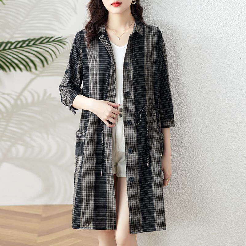 ROUMIKL意法高端风衣女款2025新款春秋冬杭州贵夫人格子七分袖中