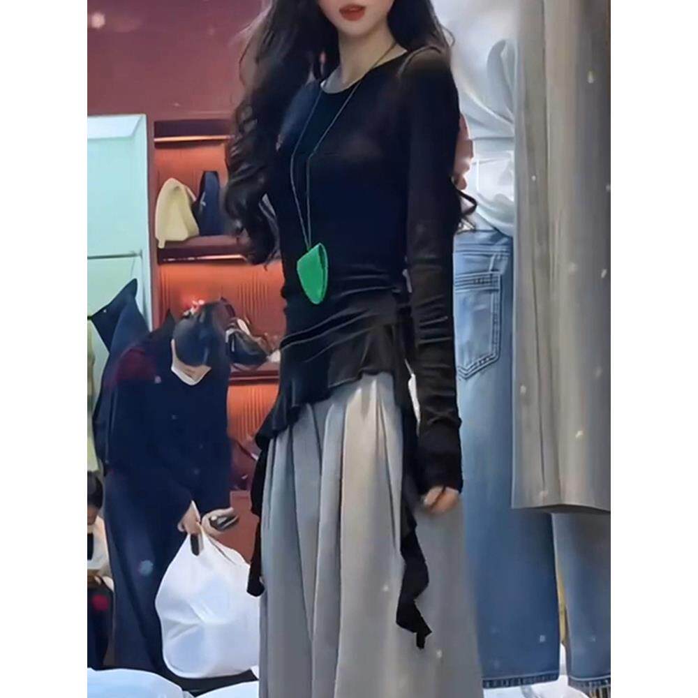 ROUMIKL法式设计感小众独特打底衫T恤女款秋季不规则黑色赫本风长