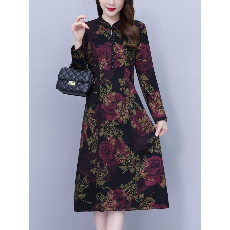 ROUMIKL高端广州十三行中年裙子秋冬女装碎花深圳南油改良旗袍打