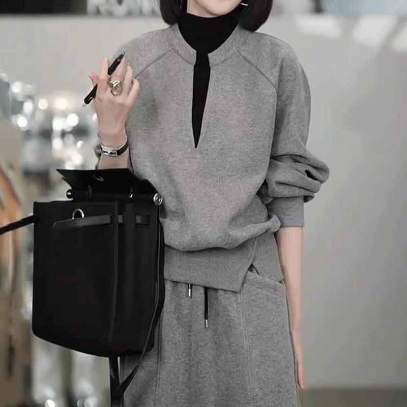 ROUMIKL韩系chic别致上衣秋季新款女装拼接假两件正肩长袖慵懒设