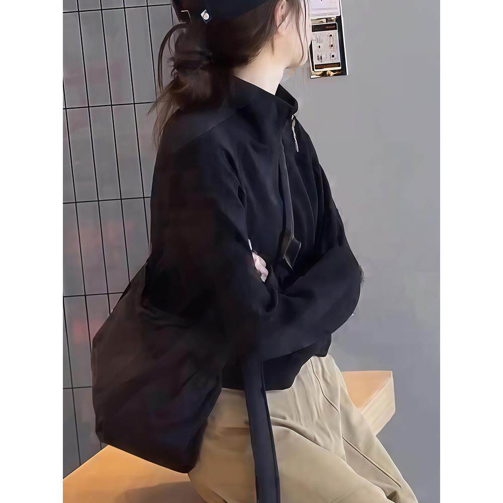 ROUMIKL早秋立领拉炼开衫短款卫衣外套女2025新款爆款黑色赫本风