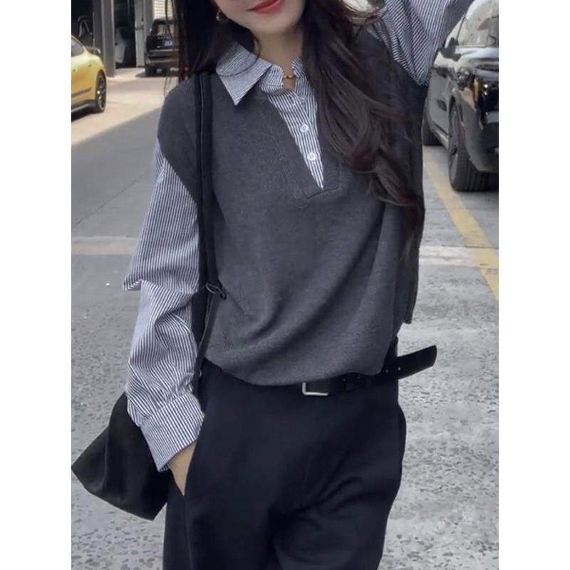 ROUMIKL秋季高级感灰色针衬衫拼接假两件长袖针织衫女美式减龄设