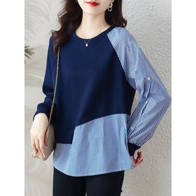 ROUMIKL高端山东即墨卫衣女秋冬青岛洋气中长款休闲假两件条纹打