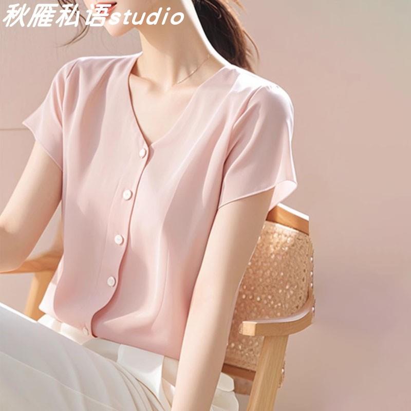 RIERA衬衫女士2025新款夏季V领短袖衬衣轻奢高级感粉色上衣