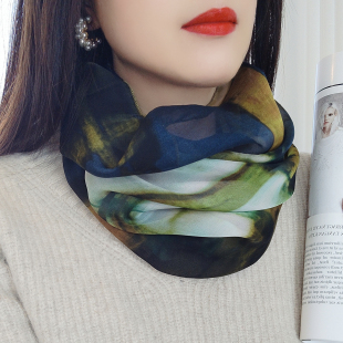 围脖护颈女2025新款 小围巾领圈军绿色桑蚕丝脖套 套头保暖春秋冬季