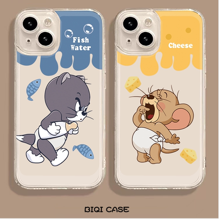 卡通情侣创意猫和老鼠适用iPhone15ProMax手机壳苹果14Plus软壳13汤姆12mini杰瑞可爱11全包16透明7硅胶8防摔