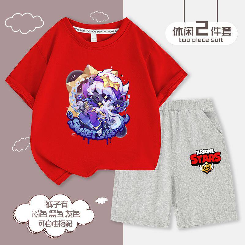 跨境新品2025男童夏季短袖套装中大童帅气时髦男孩痞潮款印花上衣