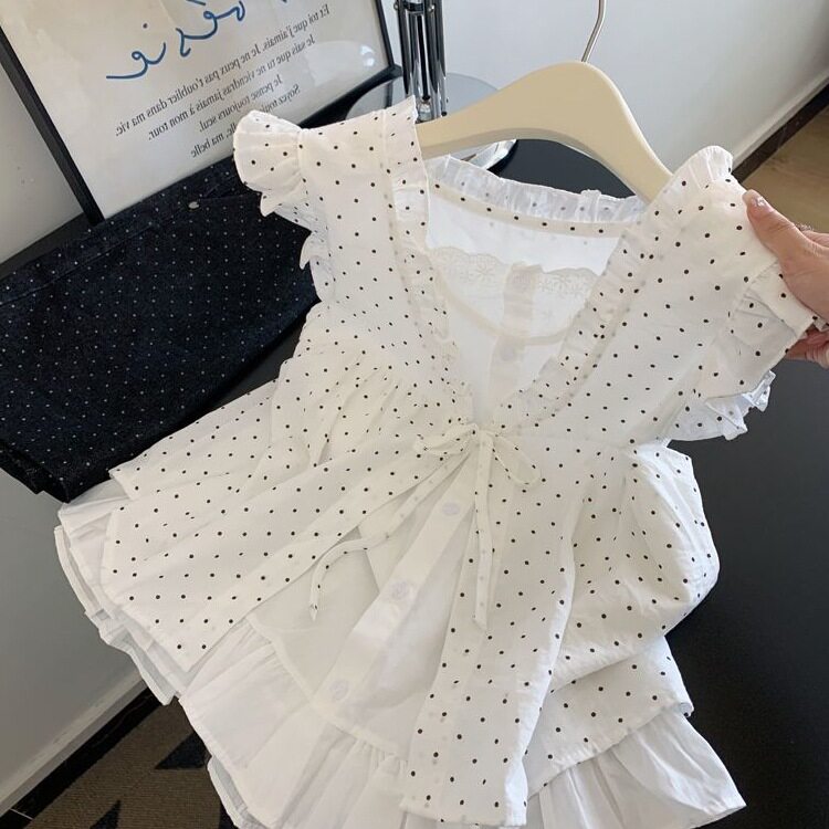 白色波点蝴蝶结假两件设计感无袖衬衫女法式小飞袖上衣2026新款夏