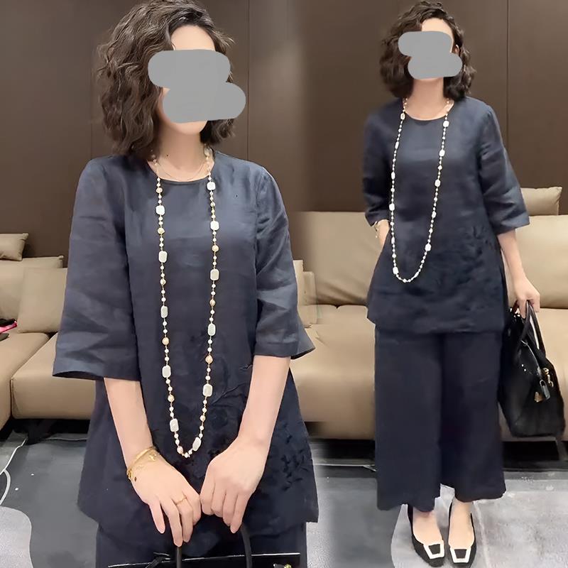 RIERA新中式国风刺绣粉色套装女2025夏季新款胖MM大码上衣裤子两