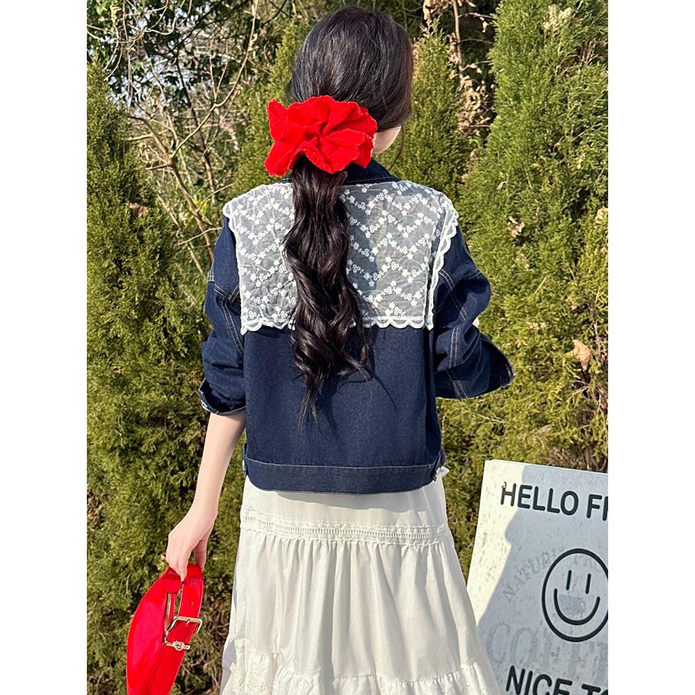 ROUMIKL覆古牛仔短外套女秋季新款2025韩版宽松蕾丝披肩小个子夹