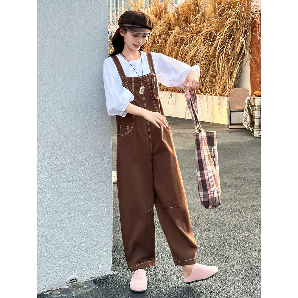 ROUMIKL韩版宽松工装背带裤女2025春秋新款洋气减龄休闲裤哈伦连