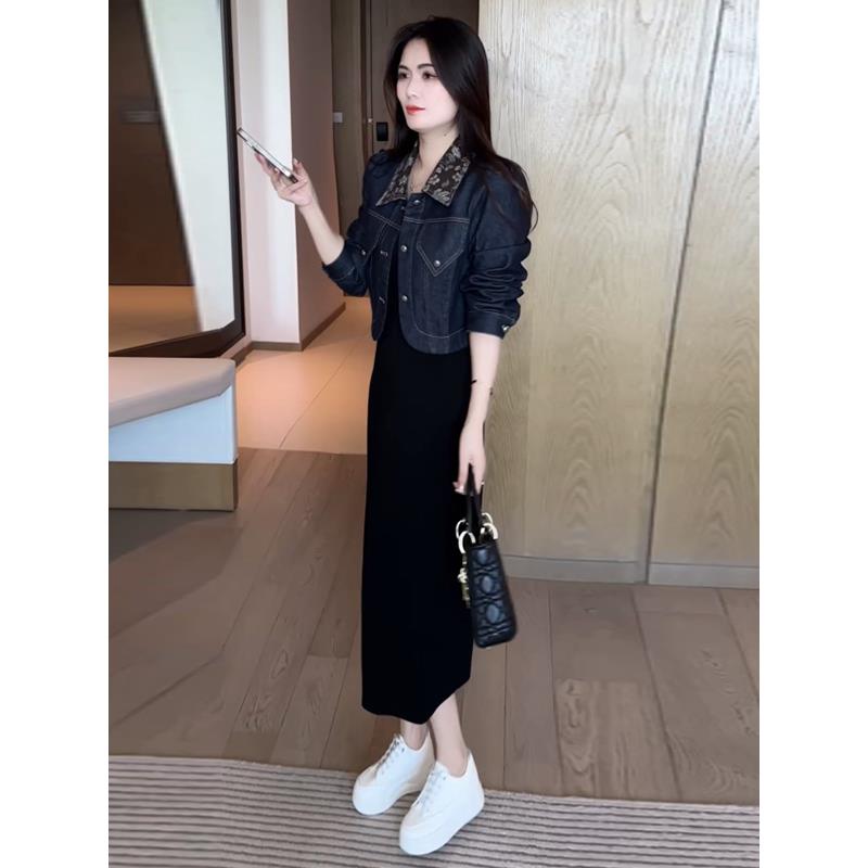 ROUMIKL时尚连衣裙套装女秋2025年春秋季新款洋气牛仔短外套吊带