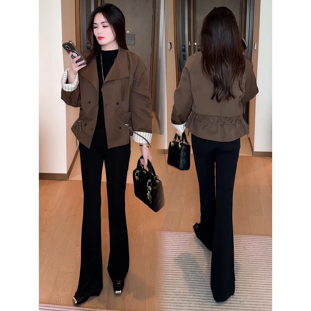 ROUMIKL洋气短款风衣外套女秋2025年秋冬季新款韩版宽松双排扣百