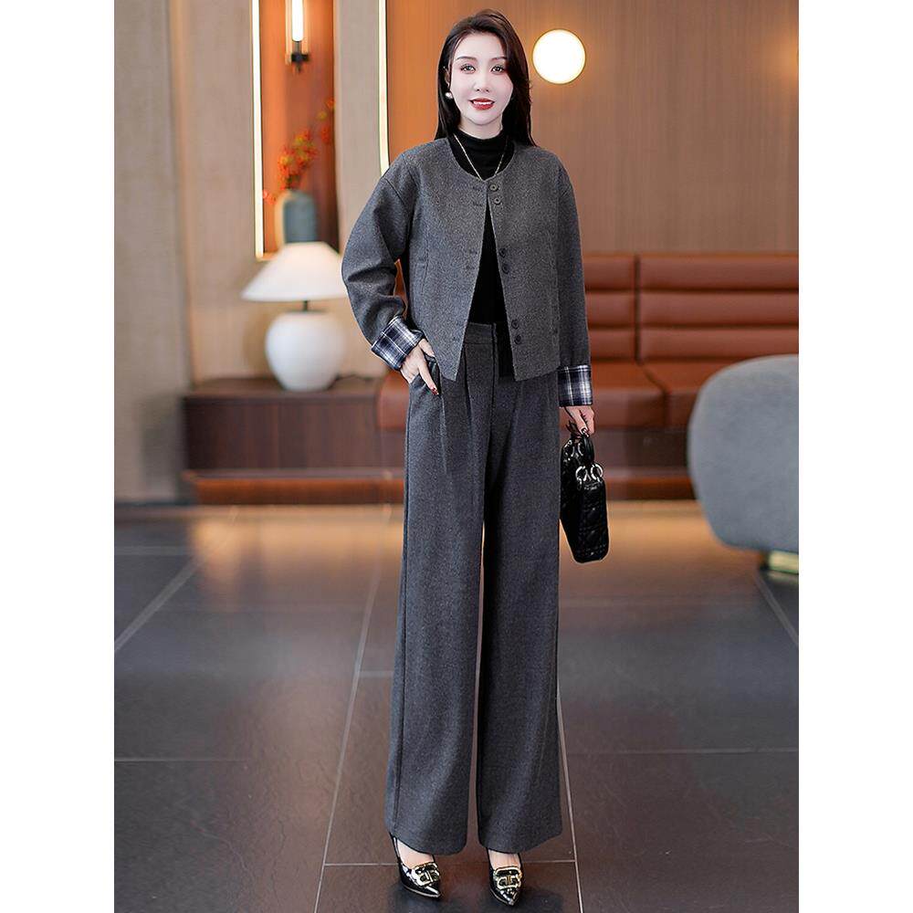 ROUMIKL高级感灰色时尚套装女2025秋冬季新款洋气短外套阔腿裤气