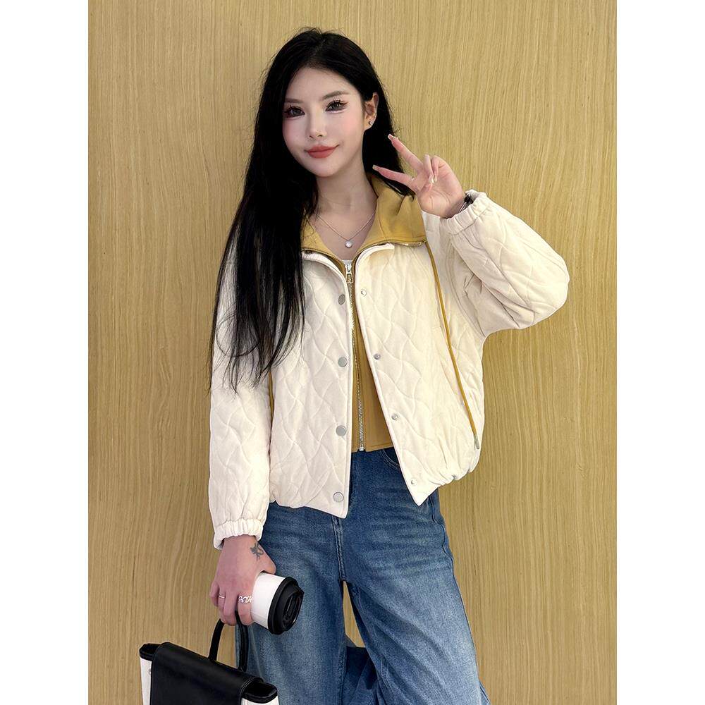 ROUMIKL假两件连帽短款薄款服女2025年秋冬季新款绗缝小个子小袄