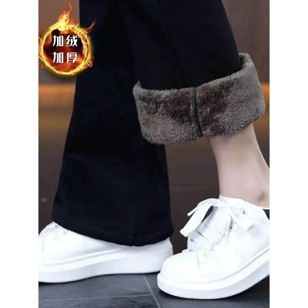 ROUMIKL黑色加绒加厚微喇裤女秋冬高腰弹力显瘦外穿喇叭裤修身时