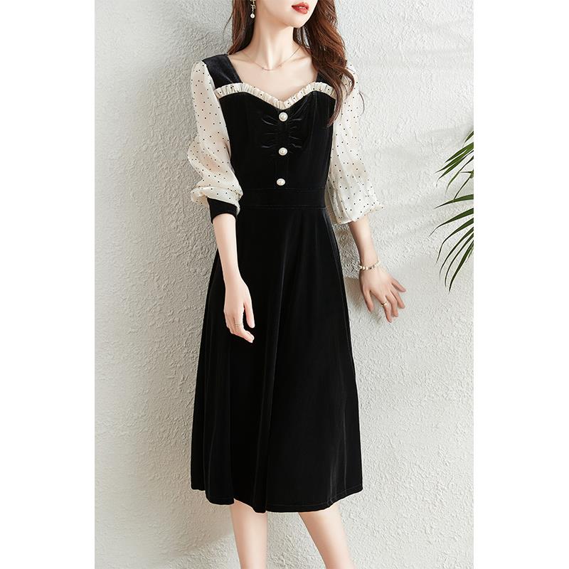 ROUMIKL法式气质方领丝绒洋装女春季2025新款收腰显瘦赫本风a字小