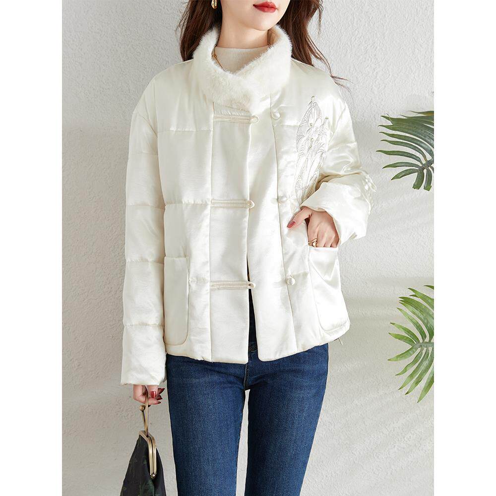 ROUMIKL新中式国风刺绣服女2025冬季新款小个子短款彷水貂毛立领