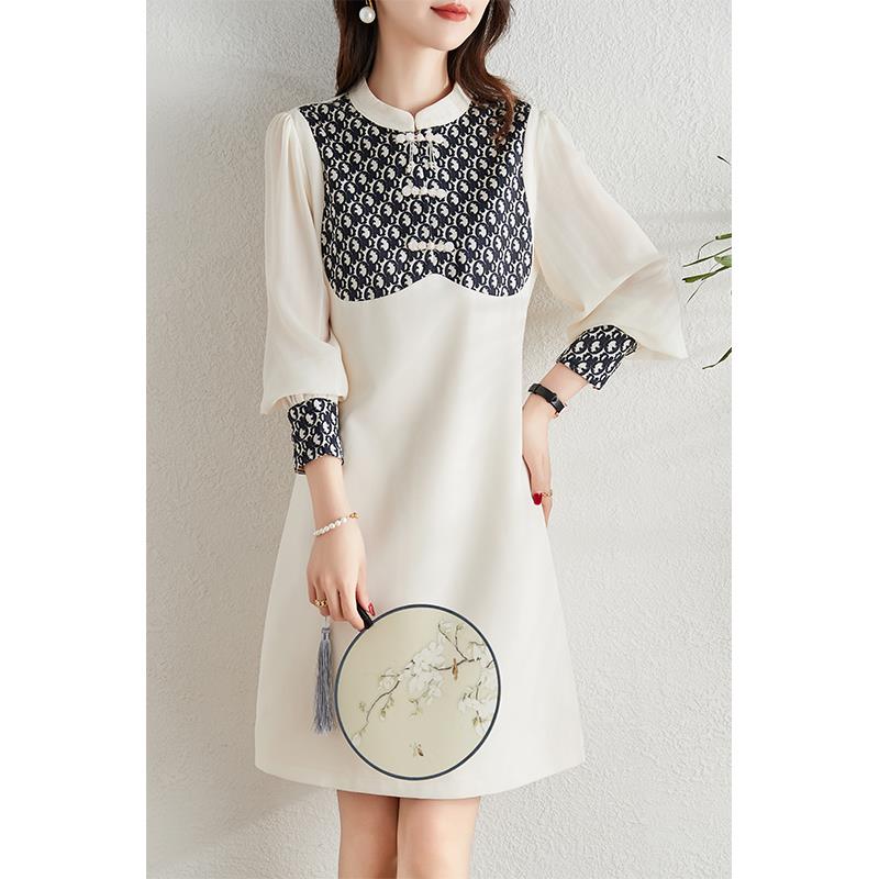 ROUMIKL新中式覆古国风黑色印花洋装女2025春季新款宽松显瘦气质A