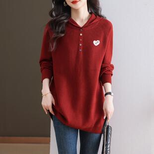 ROUMIKL休闲慵懒风连帽针织衫卫衣女秋冬宽松毛衣中长款显瘦大码