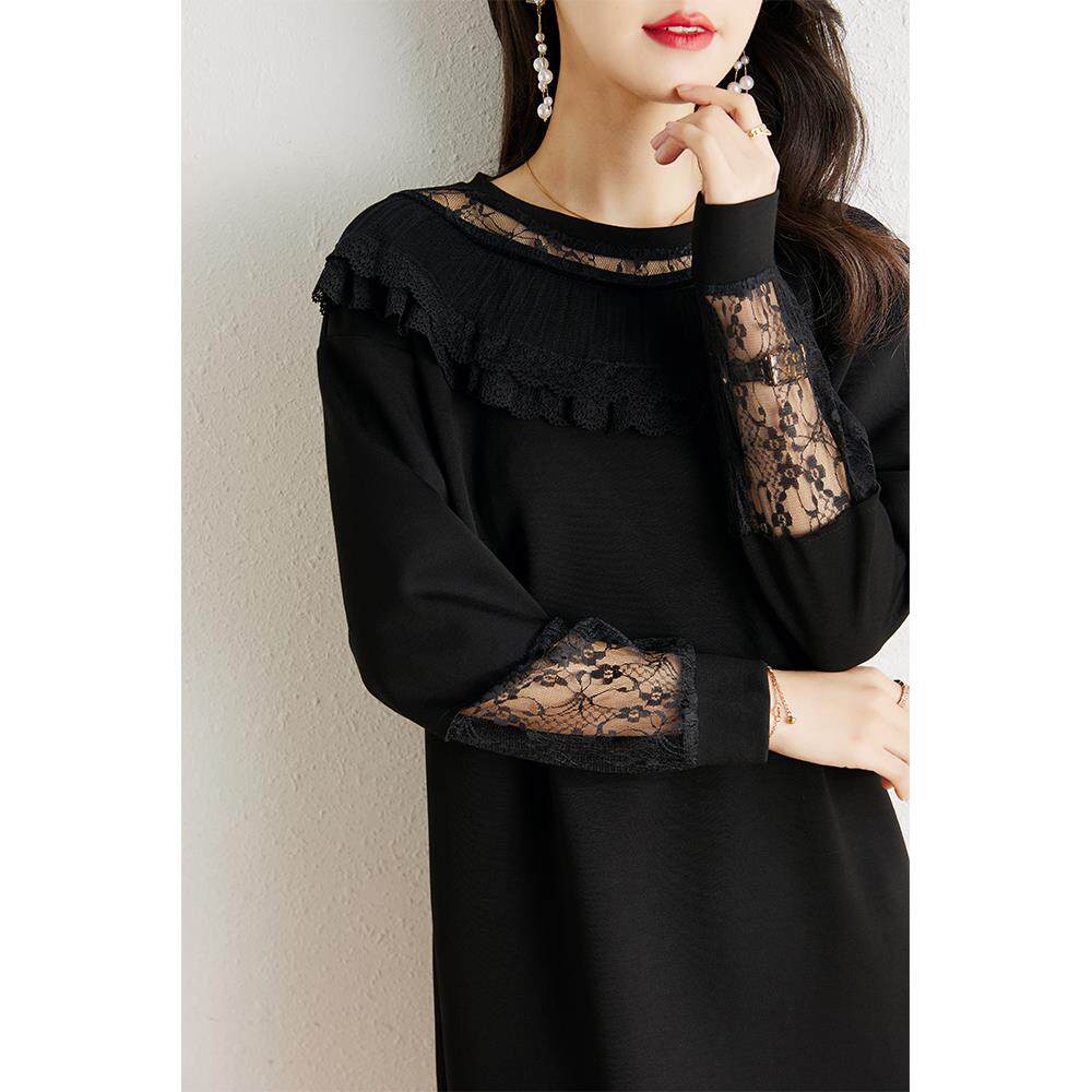 ROUMIKL蕾丝拼接长袖洋装女春款新款厚T裙宽松显瘦胖mm休闲 气质