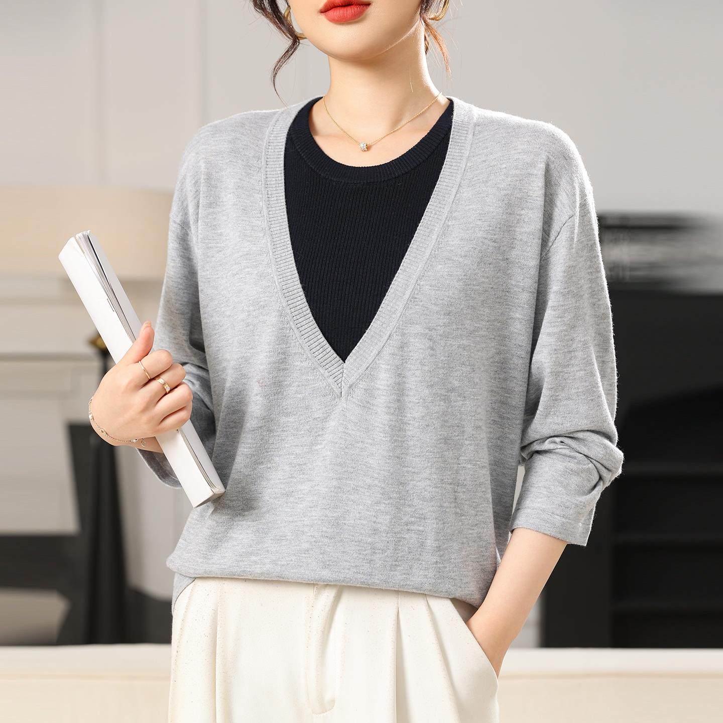 ROUMIKLV领长袖针织衫上衣两件套叠穿背心女2025秋季新款宽松毛衣