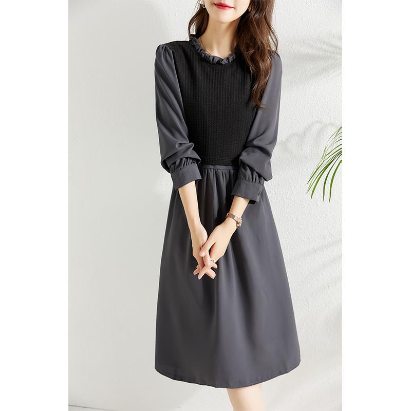 ROUMIKL法式拼接设计假两件洋装女2025春季新款收腰显瘦气质a字中