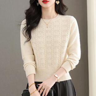 ROUMIKL奶黄色毛衣女士秋冬高级感镂空上衣2025新款短款圆领针织