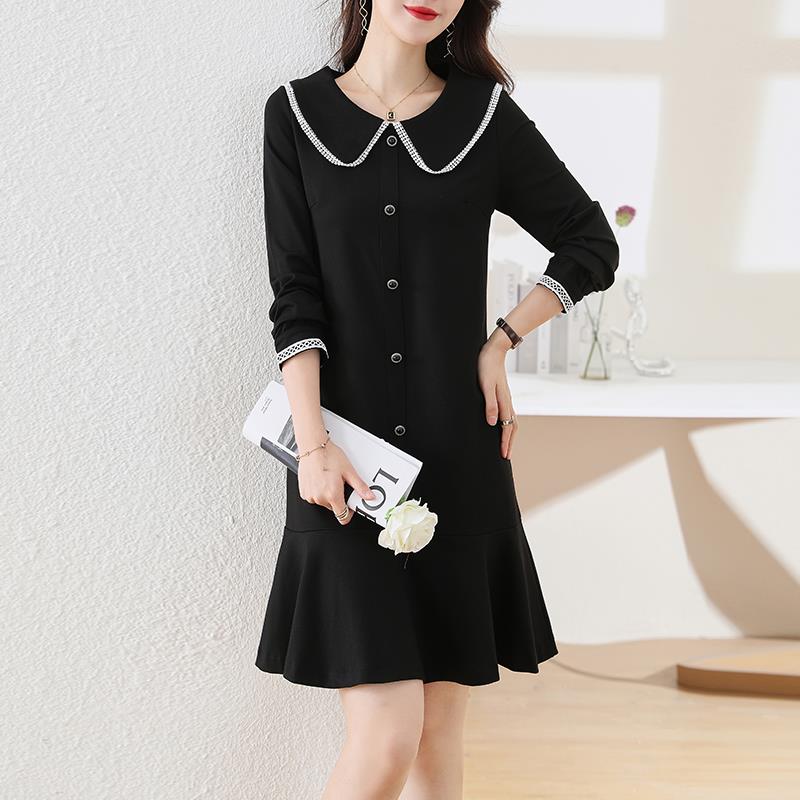 ROUMIKL春季2025法式新款娃娃领长袖黑色A字洋装女直筒裙气质小黑