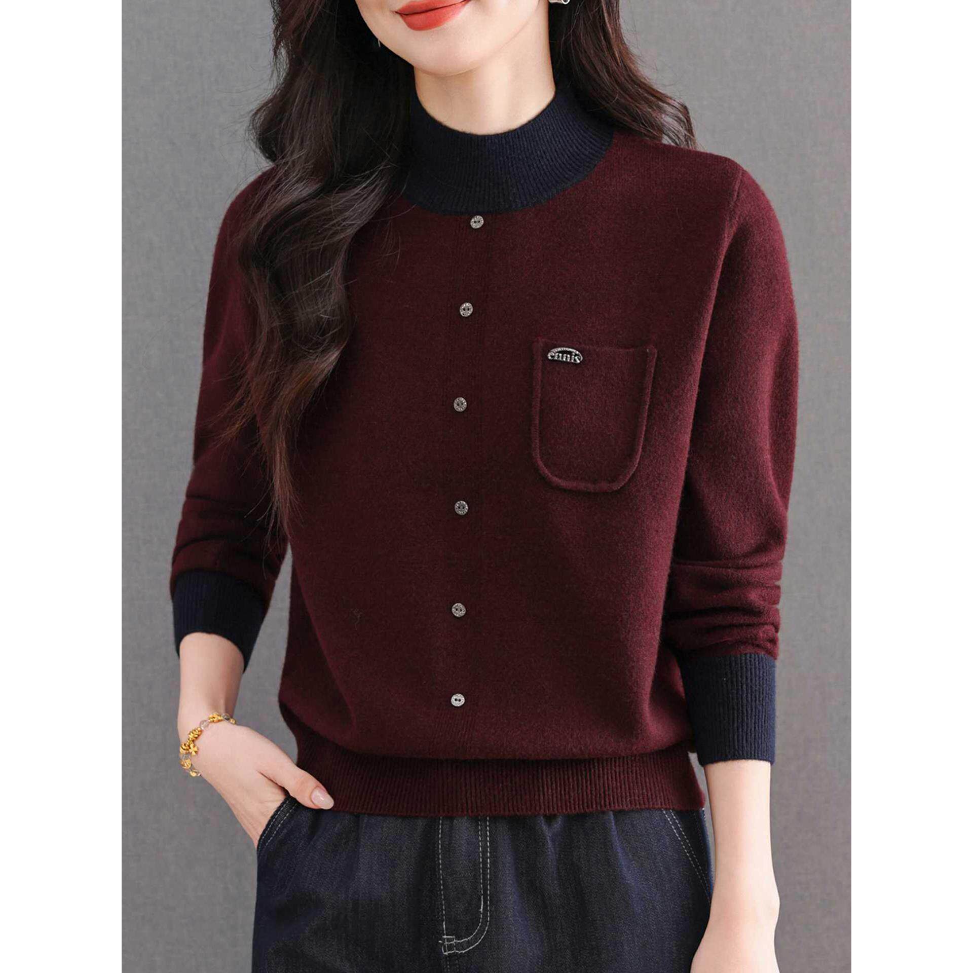 ROUMIKL拼色半高领毛衣女秋冬2025新款洋气带口袋针织打底衫气质